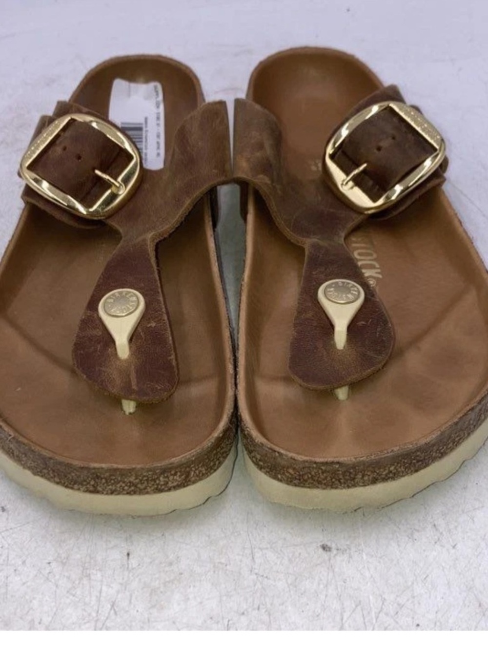 Birkenstock Gizeh style Brown Leather Toe-Post Sandals with Gold Buckles